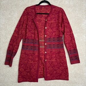 NOVICA Alpaca Cardigan Women's Small Red Floral Longline Knit Sweater Peru Boho